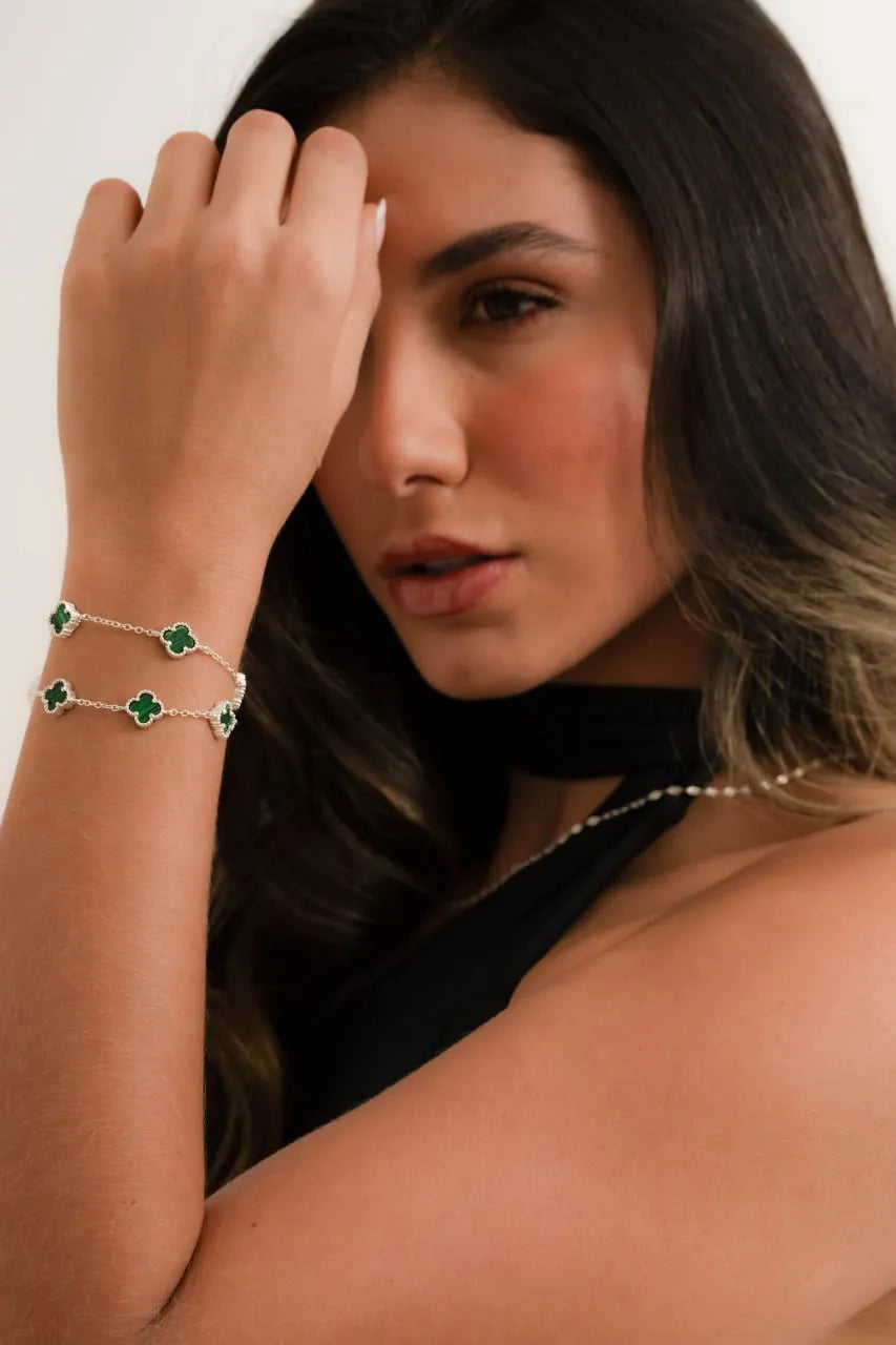 Pulsera Clover 4H Malaquita 10mm 1cms + Ext Plata ley 925
