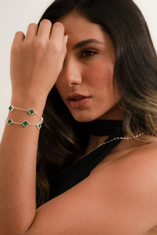 Pulsera Clover 4H Malaquita 10mm 1cms + Ext Plata ley 925