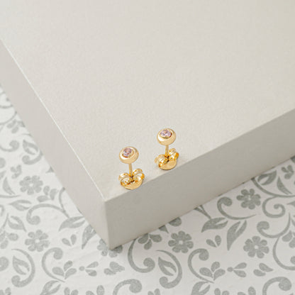 Arete Circon Caja Redonda 4mm Rosa Oro laminado