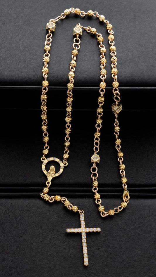 Camandula balin 4mm virgen cristal y cruz luxe Oro laminado