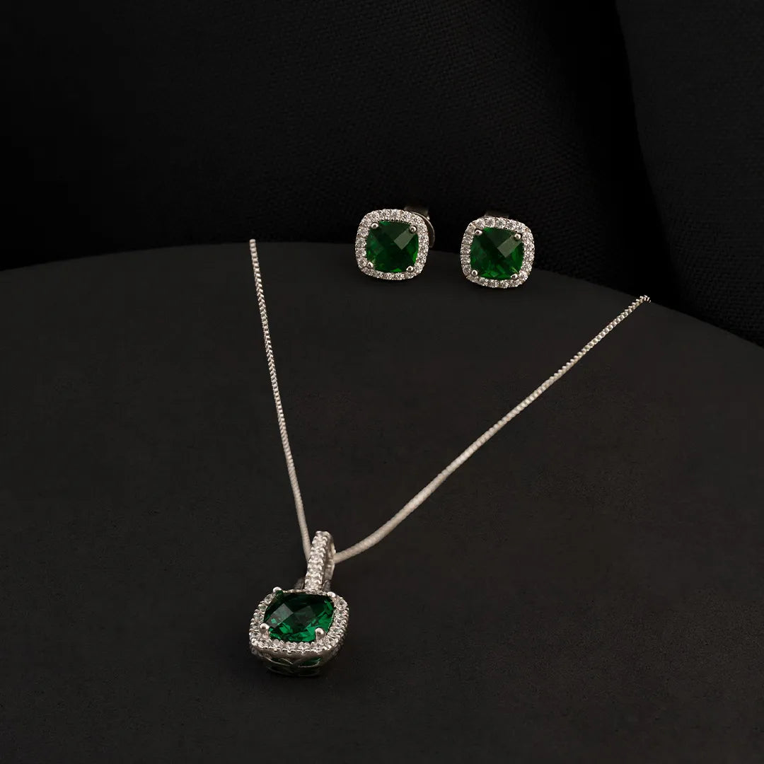 Conjunto Pave Circon Verde Plata ley 925