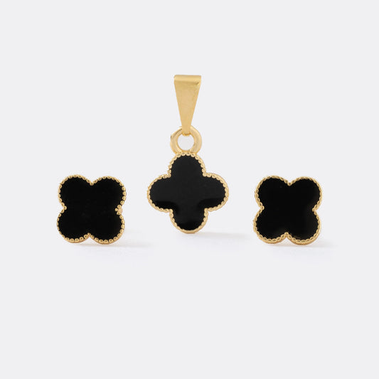 Conjunto Clover Negro 1cm Oro laminado